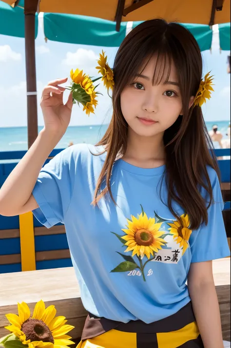 20 years old girl (Japanese cute face) is wearing T-shirt, mini skirt and has sunflower at the beach bar