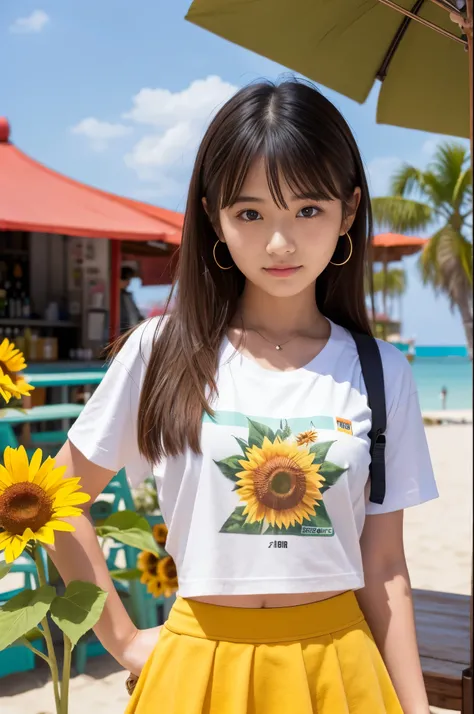 20 years old girl (Japanese cute face) is wearing T-shirt, mini skirt and has sunflower at the beach bar