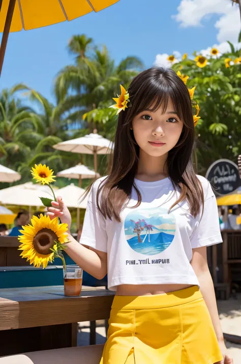 20 years old girl (Japanese cute face) is wearing T-shirt, mini skirt and has sunflower at the beach bar