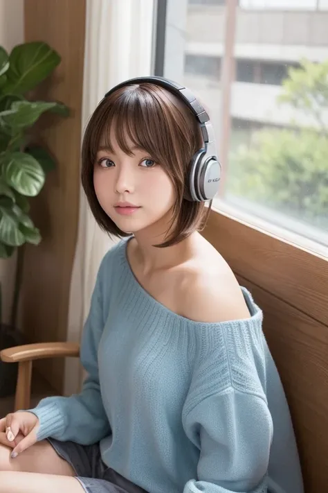 Produce the highest quality and highest resolution 8K images。Please draw the upper body of a 20 year old Japanese woman.。Please draw an image of you relaxing at home listening to music with headphones.。She has brown eyes and a model-like figure、She has an ...