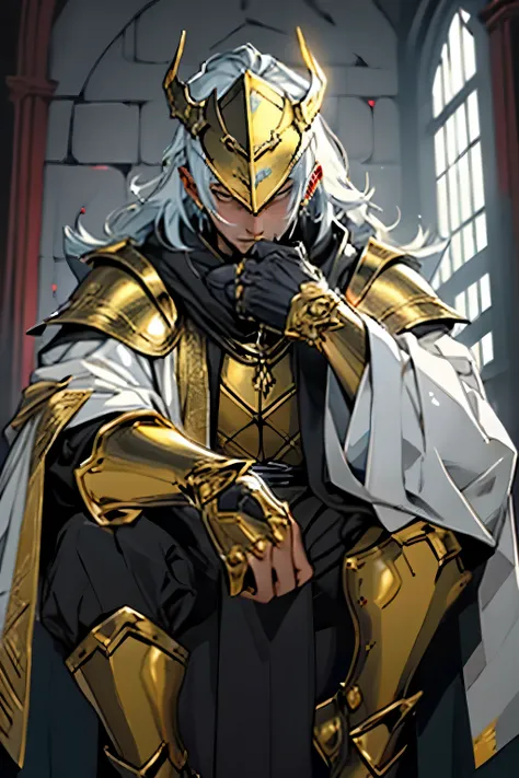 make a golden knight with death mask, he is in the hall, sitting on a throne, looking menacingly with a relaxed pose ((taking the whole body))