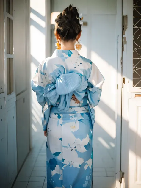 ((Highest quality)), ((masterpiece)), (detailed), (((back of head))),（yukata),girl, Mature Woman,yukata,Back view,detailedなヘアスタイル,Upstyle,White skin,Japanese women,Light blue kimono,Light blue outfit,Beautiful Obi