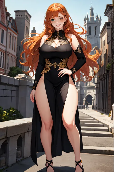 ((Gold and black dress)), ((solo)) 1girl,tomboy (Long curly)orange hair, ,big breasts (masterpiece,mature,detailed, high quality) (smile) elegant, beautiful, freckles, realistic, heterochromia, ((curvy thighs)) (castle background, scenic)