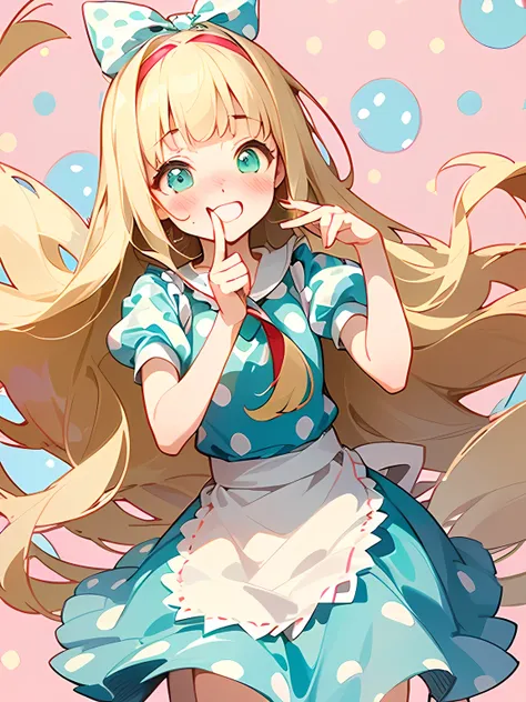 
(Alice in Wonderland:1.3),((straight white thin long hair:1.2)),(very short sideburns),(blunt bangs),(A vibrant and lively background:1.2),(Pop and cute polka dot pattern:1.45)),((You are the main character！:1.2)),(Beautiful images:1.15),(high quality:1.1...