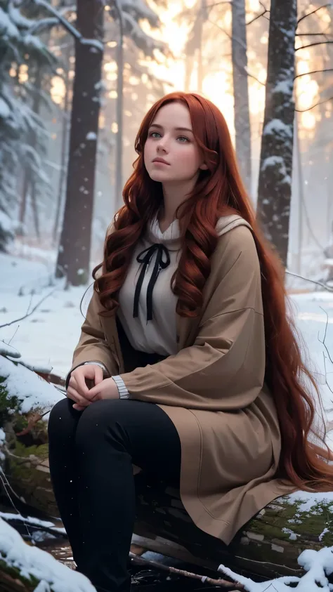 full body, break, beata undine, sitting back against a tree, blizzard, campfire ahead, dark forest, young women, masterpiece, goddess, long hair ,((redhair)). op Quality, Masterpiece, 1 Girl, Beautiful Face, (Photorealistic Photos:1.3), Rim Lighting, (High...