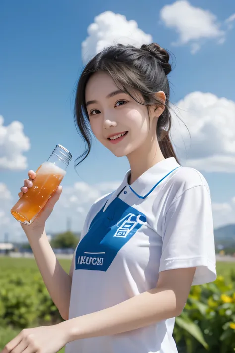 A young 20-year-old Chinese girl holding a bottle of drink，Smiling，Behind him is the blue sky and white clouds。long shoot，young and energetic，Happy and optimistic，Film shooting，Focus on beverages，Subtle details