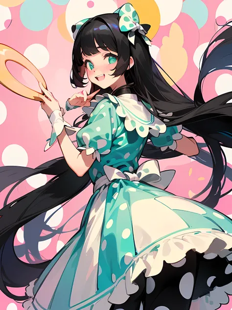 
(black Alice in Wonderland),((straight pure black thin long hair:1.2)),(very short black hair sideburns),(blunt bangs),(A vibrant and lively background:1.2),(Pop and cute polka dot pattern:1.45)),((You are the main character！:1.2)),(Beautiful images:1.15)...