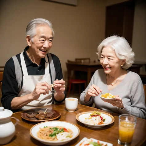 Two elderly people with white curly hair smiling positively healthy wearing aprons eating at a round table. The old man uses chopsticks to pick up food for the old lady. Bright and well-lit photography style realistic 