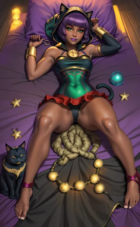 [Menat], [menat_holiday], ((Masterpiece)), ((High res)), ((HD)), ((solo portrait)), ((full body)), ((birds eye view)), ((feet visible)), ((anime)), ((detailed shading)), ((intricate details)), {(athletic figure), (dark skin), (brown skin), (cute green eyes...