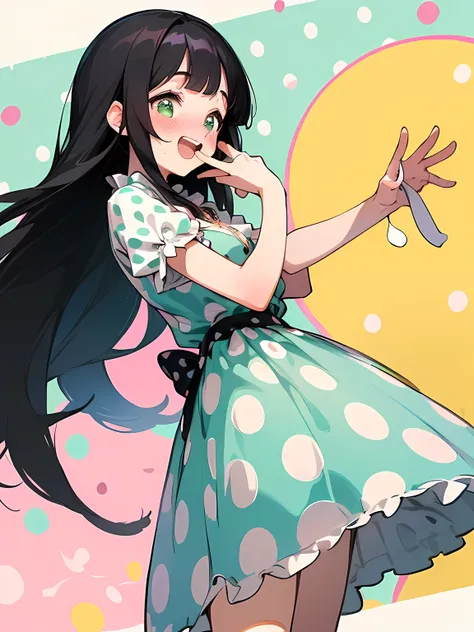 sideview,(black Alice in Wonderland),((straight pure black thin long hair:1.2)),(very short black hair sideburns),(blunt bangs),(A vibrant and lively background:1.2),(Pop and cute polka dot pattern:1.45)),((You are the main character！:1.2)),(Beautiful imag...