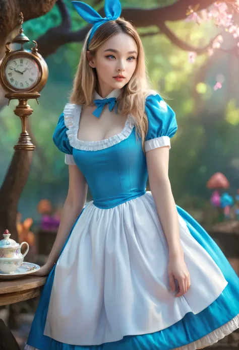 Alice in Wonderland as an adult, (high quality, 4K, 8k, High resolution, masterpiece:1.2), Very detailed, (Realistic, photoRealistic, photo-Realistic:1.37), High resolution, 超High resolution, ((Full body wide shot)), Dynamic sexual poses to seduce men, Eye...