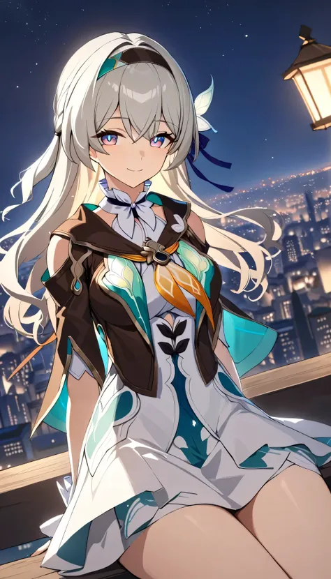 best quality, masterpiece, firefly (honkai: star rail), 1girl, solo, outdoor, beautiful city, looking at viewer, smile, closed mouth, high quality jacket, high quality white dress, long sleeves, beautiful night sky, medium breasts, headband, best quality ...