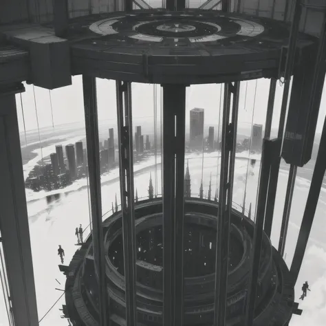 Blame concept art, An oversized city crowned with metal and geometry, metal catwalk, camera looking from above, black and white