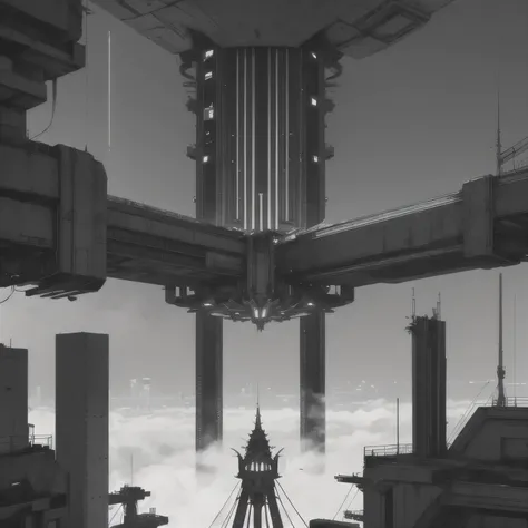 Blame concept art, An oversized city crowned with metal and geometry, metal catwalk, camera looking from above, black and white