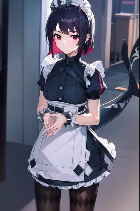 ellenjoe, ellen joe, black hair, colored inner hair, multicolored hair, (red eyes:1.3), red hair, short hair, two-tone hair,
BREAK bapron, black pantyhose, black shirt, black skirt, ear piercing, fins, fish tail, maid, maid apron, maid headdress, pantyhose...