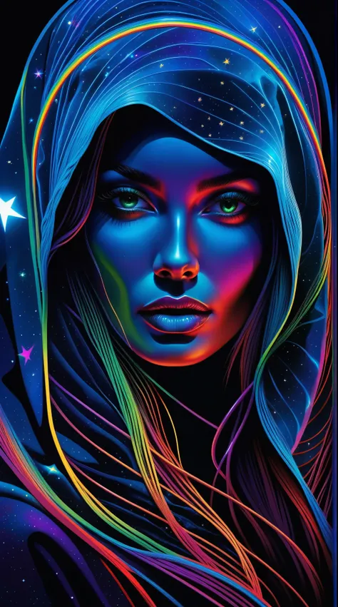 cartoon style, work of art, best qualityer, ultra high resolution, extremely detaild, (psychedelic art:1.4), Woman, veil, visually stunning, comely, award-winning illustration, cosmic space background, ethereal atmosphere, ultra quality, comely girl, cosmi...