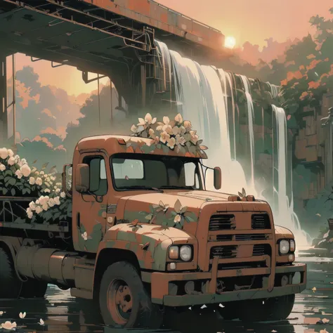 (((Masterpiece, Top Quality))), (((32K wallpaper))), detailed machinery, abandoned factory, stairwell, (((white flower field))), (((rusty white heavy truck))), gorgeous light leak, (((backlit))), detailed background, top quality, (((no humans))), collapsed...