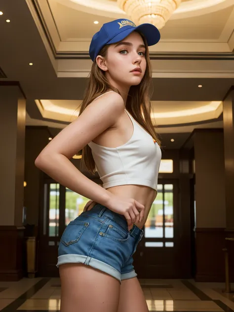 australian actress girl, (20 years old), in the hotel, lobby, shorts, cap, arrogant expression, (low angle), (face and skin deta...