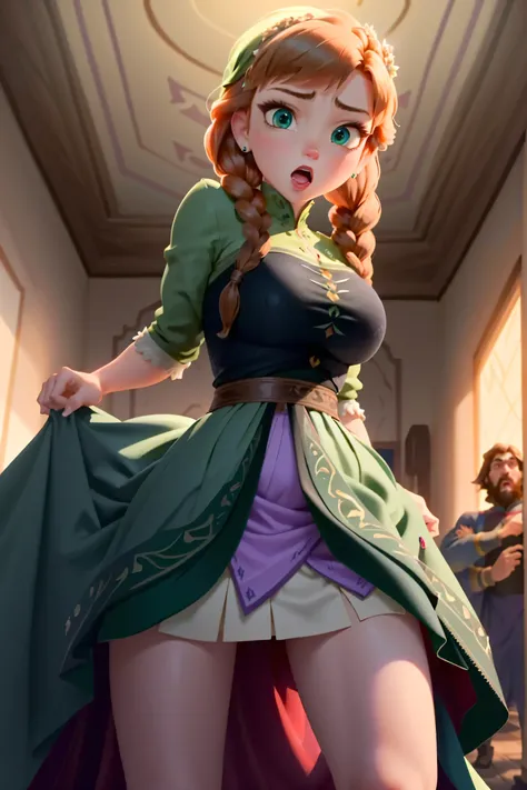 cute, sexy, adorable, (Anna of Arendelle:1.1), frozen anna, brunette braids, (large breasts:1.2), age 19, (surprised scared expression:1.3), sexy look, (wearing a sexy nordic dress:1.2), (black and green dress:1.3), flowing dress, (skirtlift:1.2), lifting ...