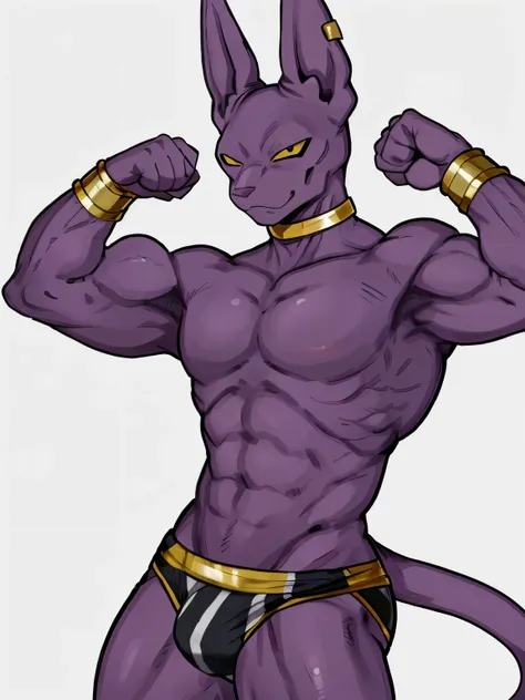 ((by Buta99, by SpiritD, best quality, masterpiece, perfect anatomy, detailed picture)), 1male, Beerus, adult, purple skins, yellow sclera, slit black eyes, skinny muscle body, an earring in the right ear, neck ring, long tail, Beeruss outfits,muscular, th...