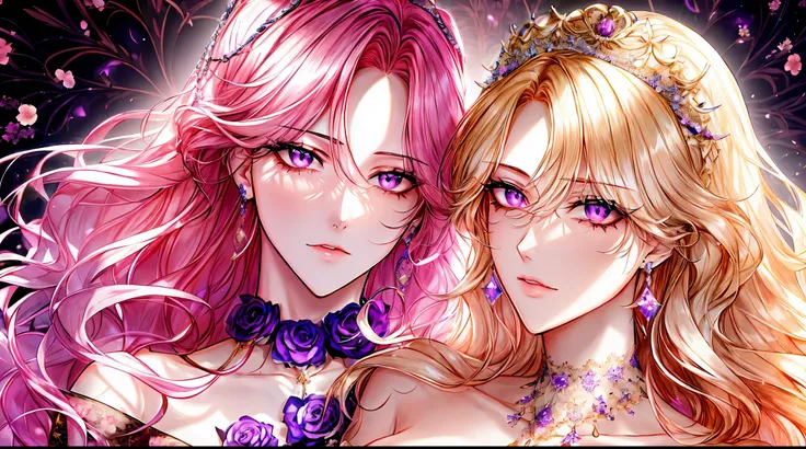 Kuroume_1024, ((shoujo-style, floral background, romance manhwa)), (close up), (2girls aligned:1.2), couple, pink hair, platinum-blonde hair, solo, long hair, flower, dress, thick eyeblows, flower, straight hair, blaid, closed mouth, collarbone, breast, (c...