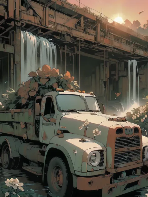 (((Masterpiece, Top Quality))), (((32K wallpaper))), detailed machinery, abandoned factory, stairwell, (((white flower field))), (((rusty white heavy truck))), gorgeous light leak, (((backlit))), detailed background, top quality, (((no humans))), collapsed...