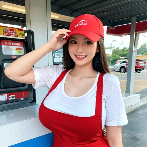 medium shoot, a realistic beautiful asian female, slim, curvy, ((big breasts)), wearing a red thin apron with big pockets and a ...