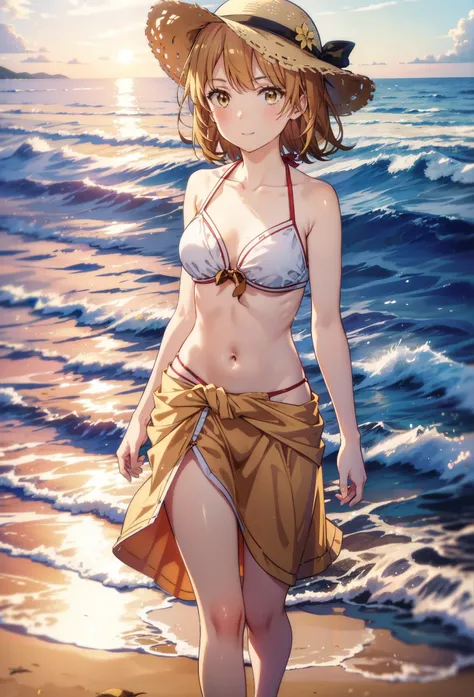 Irohaisshiki, isshiki iroha, short hair, Brown Hair, (Brown eyes:1.5),Open your mouth,clavicle,smile,Straw hat,Bikini Swimwear,barefoot,A long, thin skirt wrapped around the waist,belly button,abdomen, Dancer, gold belly Dancer,whole bodyがイラストに入るように,Stroll...