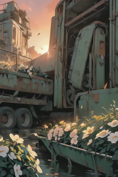 (((Masterpiece, Top Quality))), (((32K wallpaper))), detailed machinery, abandoned factory, stairwell, (((white flower field))), (((rusty white heavy truck))), gorgeous light leak, (((backlit))), detailed background, top quality, (((no humans))), collapsed...