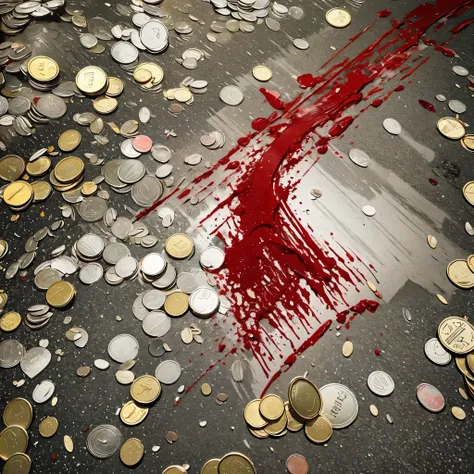 (motion trail visual effect), Coins and banknotes falling from above on a floor covered with blood. Some banknotes are stained and soaked with blood. Coins roll and leave a red trail.