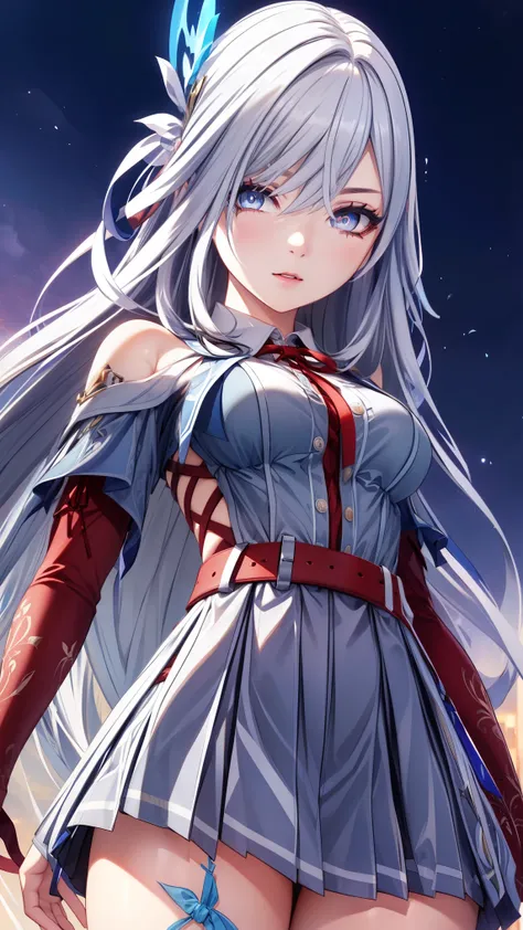 SkirkGI, red eyes, long hair, white hair, blue hair, hair ornament,
BREAK ((shirt, long sleeves, dress, ribbon, white shirt, collared shirt, belt, neck ribbon, red dress, blue ribbon, pleated dress, grey dress:1.5))
BREAK view from below, morning city, str...