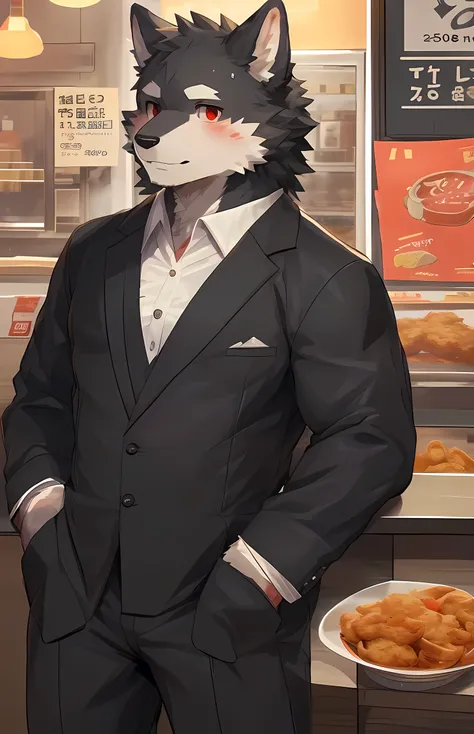 [masterpiece:1.2], best quality,highres,extremely detailed CG,perfect lighting,8k wallpaper, Male,wolf,21 years old,red eyes(suit on:1.95),nervous,flurried,blush, (Black-gray fur:1.35),white fur,Black claws,(pawpads:1.45),(bara and strong:1.35),robust,Domi...