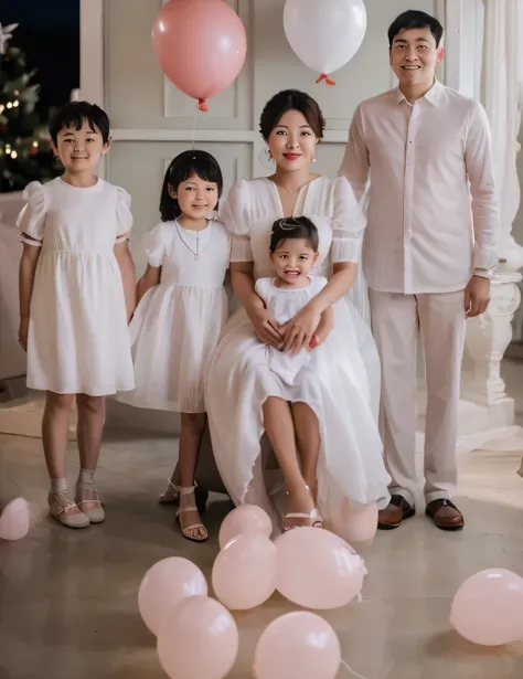 family portrait, a man stands to the right of a woman and three children. The woman is carry  her lap. They are all dressed in bright white  clothing, creating a striking contrast against the neutral tones of their surroundings. Behind them, a white chair ...