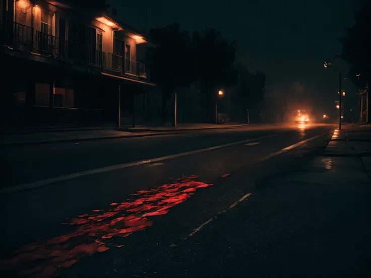 (motion trail visual effect), Coins and banknotes falling from above on the asphalt of the road covered with blood. Some banknotes are stained and soaked with blood. Coins roll and leave a red trail. Street level view from afar. [Coins and banknotes fallin...