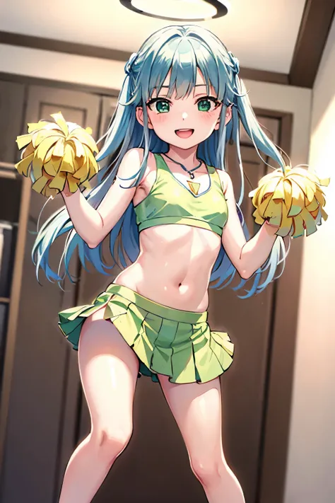 Long silver hair, green eyes, headband, necklace, cheerleader costume, flat chest, beautiful thighs, smile, happy, inside house