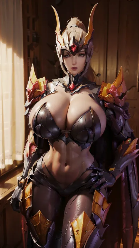 TEKKEN_REINA, CLOSE UP UPPER BODY,SOLO, COWBOY SHOT, ((EVIL DRAGON HORN MECHA HELMET,WHITE HIGHT PONYTAIL HAIR)), (GIGANTIC FAKE BREASTS,CLEAVAGE TOP,11 LINE ABS:1.5), ((WEARING OUTFIT MECHA GOLDEN CRIMSON DARK EVIL DRAGONOID ARMORED, LONG CAPE, SKINTIGHT ...