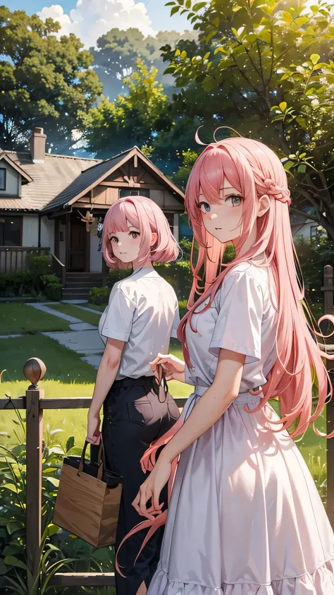 Two women: 40-year-old mother and 18-year-old daughter eating mangoes, both similar with long pink hair, anime style, in the field while a police officer behind the fence of their house waves to greet them from a distance with long pink hair, rural wooden ...