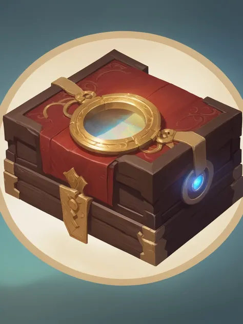 A wooden box，There is a gold ring on it, Loot Boxes, Object Art, Floating Spellbook, front of the treasure box,  