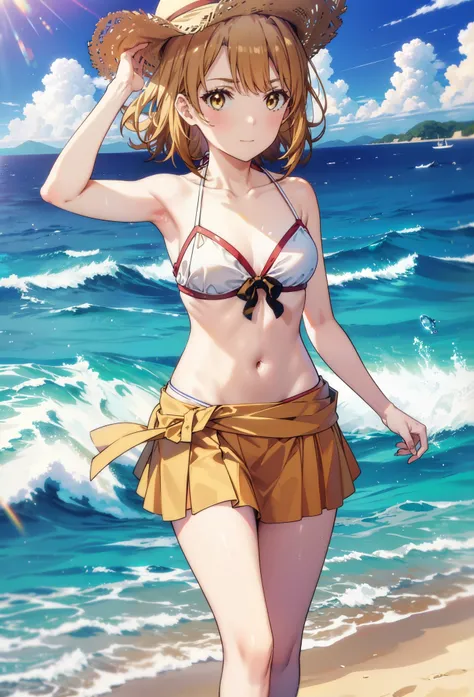 Irohaisshiki, isshiki iroha, short hair, Brown Hair, (Brown eyes:1.5),Open your mouth,clavicle,smile,Straw hat,Bikini Swimwear,barefoot,A long, thin skirt wrapped around the waist,belly button,abdomen, Dancer, gold belly Dancer,whole bodyがイラストに入るように,Stroll...