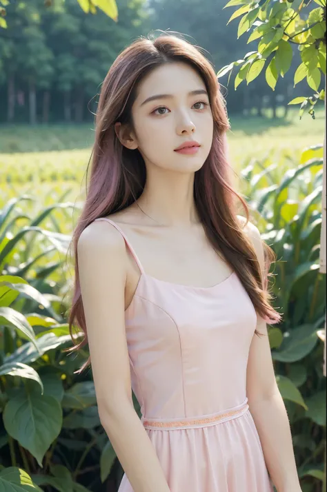 (((best quality))),(((ultra detailed))),(((masterpiece))),illustration,((1 beautiful girl,solo)),((slim,thin)),((small breasts,flat chest)),((summer afternoon)),(standing:1.3),(in cornfield:1.3), (hotpink dress:1.5), delicate,(medium straight hair:1.2), ra...