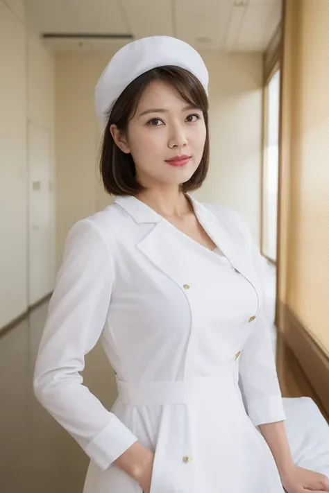 (8k, best quality, masterpiece, golden ratio composition,:1.3), (huge breasts:1.2), (beautiful Japanese mature woman), A woman in her 40s, shirt cut hair, (wearing white Nurses uniform, Nurses cap :1.2),