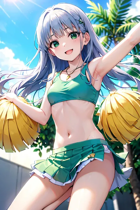 Cabello largo plateado, ojos verdes, headband, necklace, cheerleader costume, flat chest, green clothes, white skirt, abdomen lindo, muslos hermosos, sonrisa, happy, park, deshabitado