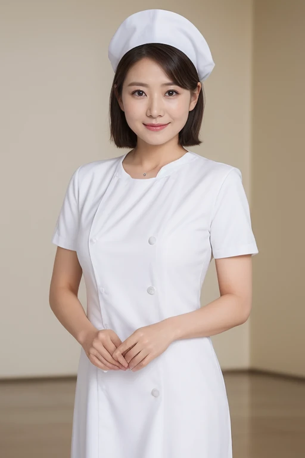 (8k, best quality, masterpiece, golden ratio composition,:1.3), (huge breasts:1.2), (beautiful Japanese mature woman), A woman in her 40s, shirt cut hair, (wearing white Nurses uniform, Nurses cap :1.2),