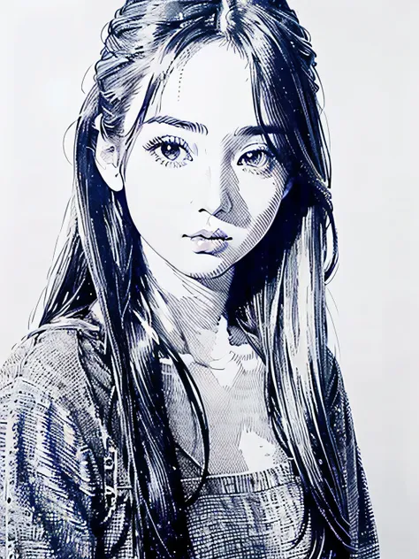 ((Ballpoint Pen Drawing, Best Quality, Super Detailed 1:2, Realistic Photo)), Portrait of One Beautiful Girl, Solo, Long Hair, Straight Hair, Watch Viewer, Bust Shot, Centering, Stippling, (White Background: 1.23)
