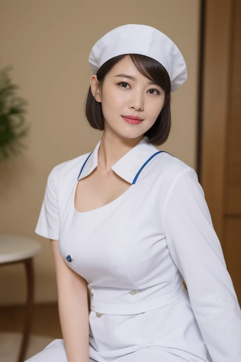 (8k, best quality, masterpiece, golden ratio composition,:1.3), full body, (huge breasts:1.2), (beautiful Japanese mature woman), A woman in her 40s, shirt cut hair, (wearing white Nurses uniform, Nurses cap :1.2),