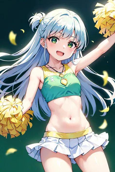 Cabello largo plateado, ojos verdes, headband, necklace, cheerleader costume, flat chest, green clothes, white skirt, abdomen lindo, muslos hermosos, sonrisa, happy, park, deshabitado