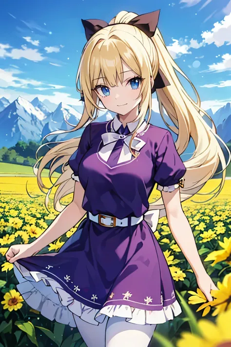 Safe for work, masterpiece, best quality, solo, 1 girl,   (young female body:1.4), ( medium breasts), slender legs, golden yellow hair, extra long hair, wavy hair, blunt bangs, crystal blue eyes, very detailed eyes, mountain background, flowerfield, standi...