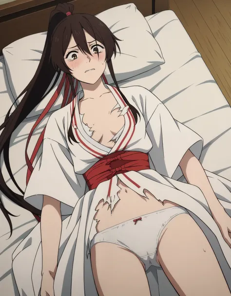 score_9, score_8_superior, score_7_superior, sauce_anime,
Sagiri Yamada Asaemon, Sagiriyamada Asaemon, Long Hair, Black Hair, ponytail, high ponytail, Brown eyes,
 show off breast ,torn white kimono, undress clothes,  In the same way,  lie on bed,  rape , ...