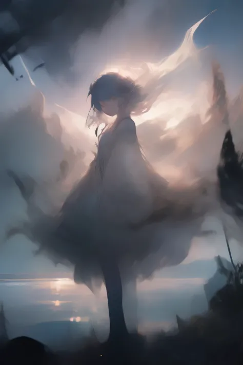 masterpiece, Highest quality, Very detailed, Abstract、Full body photo, Cowboy Shot, Three-part method, darkness, Shine, green, High saturation、sketch、Handwriting、watercolor、Blurry、Focus on the eyes、A young girl standing on a cliff at dawn, overlooking a va...