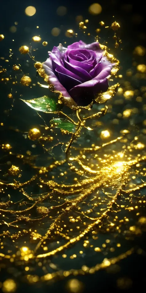 Best Quality, ultra detailed, A black rose and the outer edge of each petal is gold. Small water droplets are noticeable on the petals.. Its dark green stem and well-marked black thorns, some green leaves with their golden tone on the outside of each leaf....